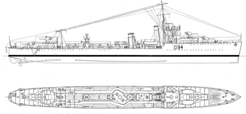 Схема эсминца HMS Whitehall